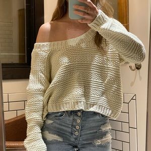 Off Shoulder cream cropped sweater.
